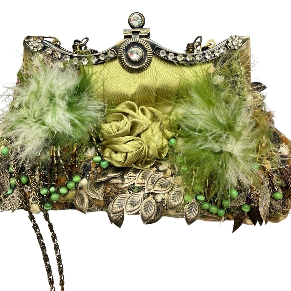 Green Feather Beaded Dark Fairy Boho Art Deco Clutch Metallic Purse w/strap READ - Picture 9 of 14